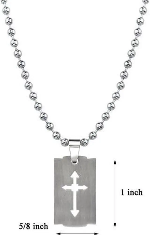 Alt view image 4 of 4 - Strong Faith: Designer Inspired Titanium Brushed Finish Cut-out Arrow Cross Razor Bladed Design Dog Tag Pendant on a Stainless Steel Ball Chain for Men