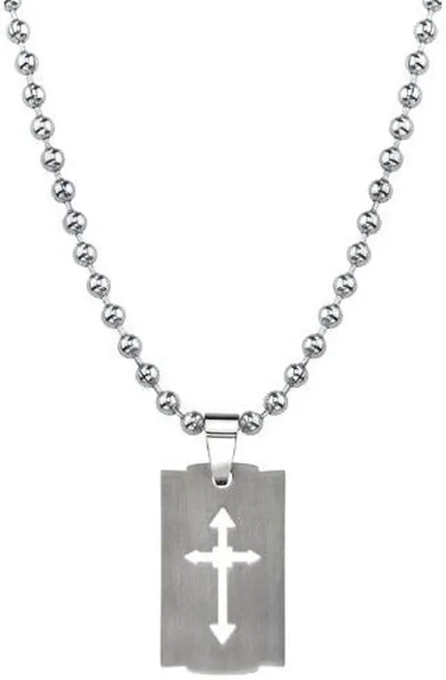 Alt view image 3 of 4 - Strong Faith: Designer Inspired Titanium Brushed Finish Cut-out Arrow Cross Razor Bladed Design Dog Tag Pendant on a Stainless Steel Ball Chain for Men