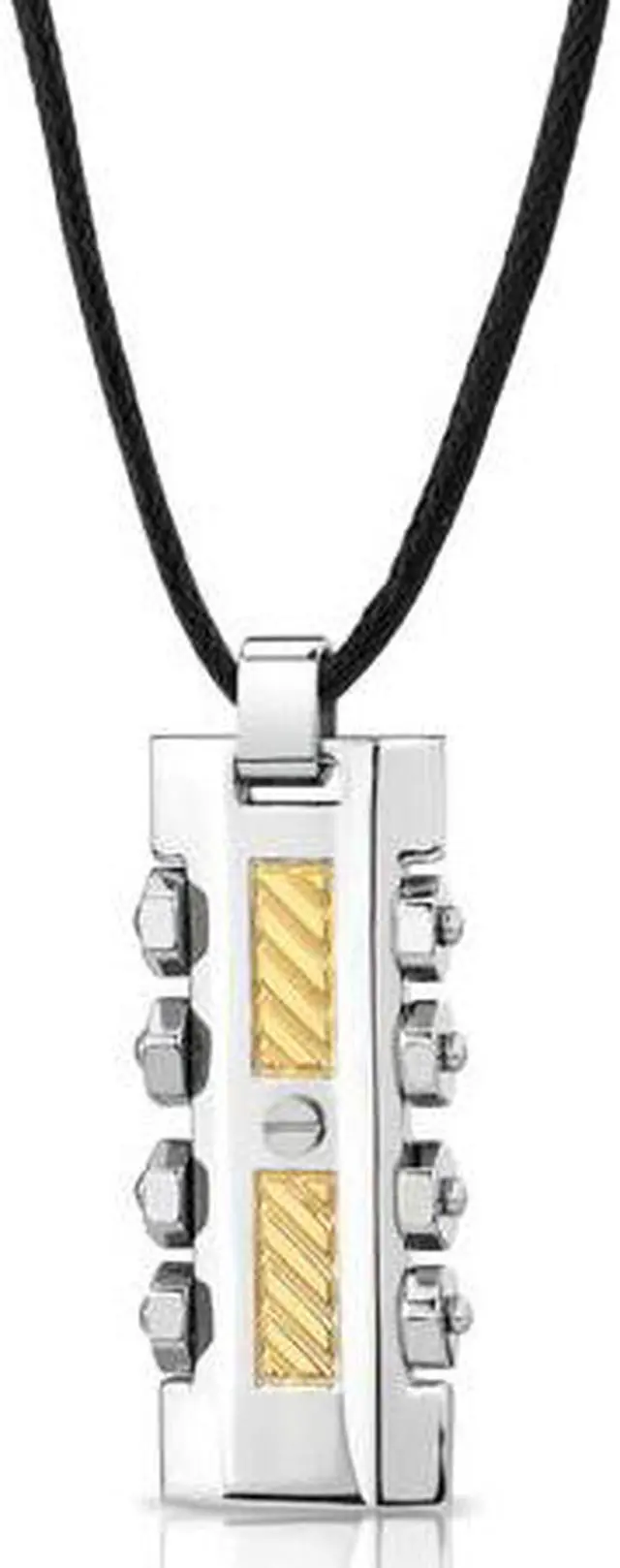 Alt view image 3 of 4 - Stainless Steel Two tone Screw Rivet design Fancy Dog Tag Pendant with adjustable Black cord