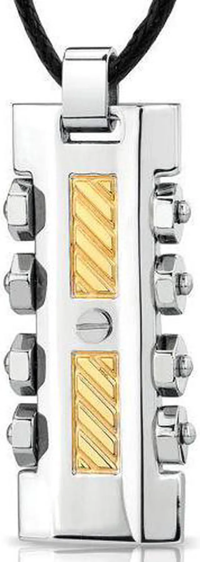 Alt view image 2 of 4 - Stainless Steel Two tone Screw Rivet design Fancy Dog Tag Pendant with adjustable Black cord