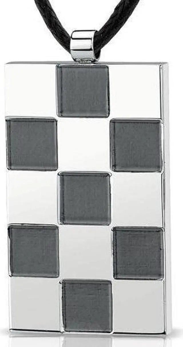 Alt view image 2 of 4 - Stainless Steel Chessboard design, Brush finish and High polish Square Pendant with adjustable Black cord