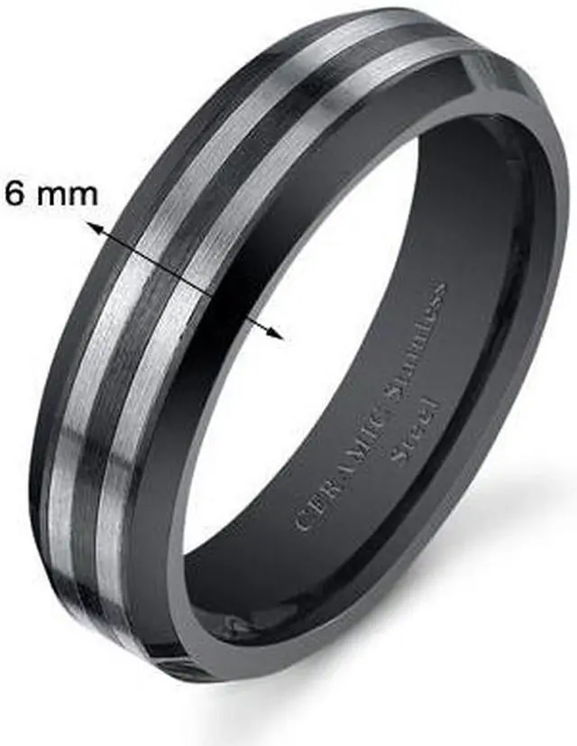 Alt view image 2 of 2 - Black Striped 6mm Mens and Womens Stainless Steel Ceramic Wedding Band Ring Available in Sizes 5 to 13