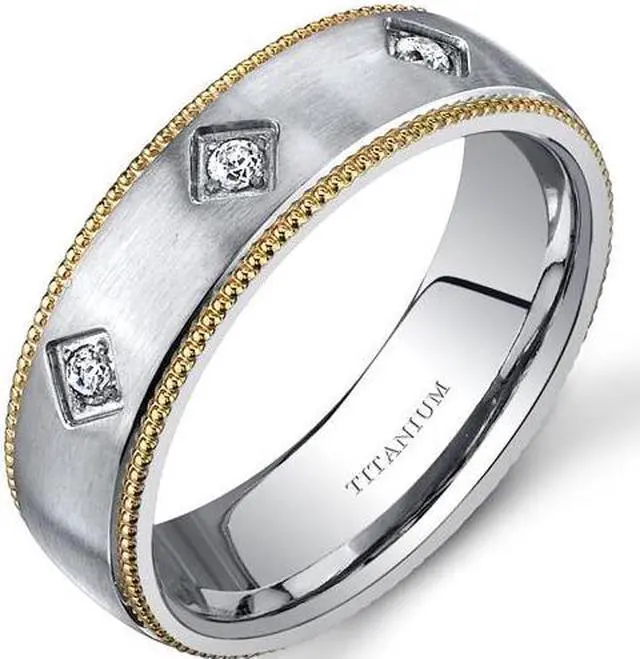 Alt view image 2 of 2 - Mill grain Style Titanium 3 Stone Mens Gold Tone 8 mm Wedding Band Available Size 13