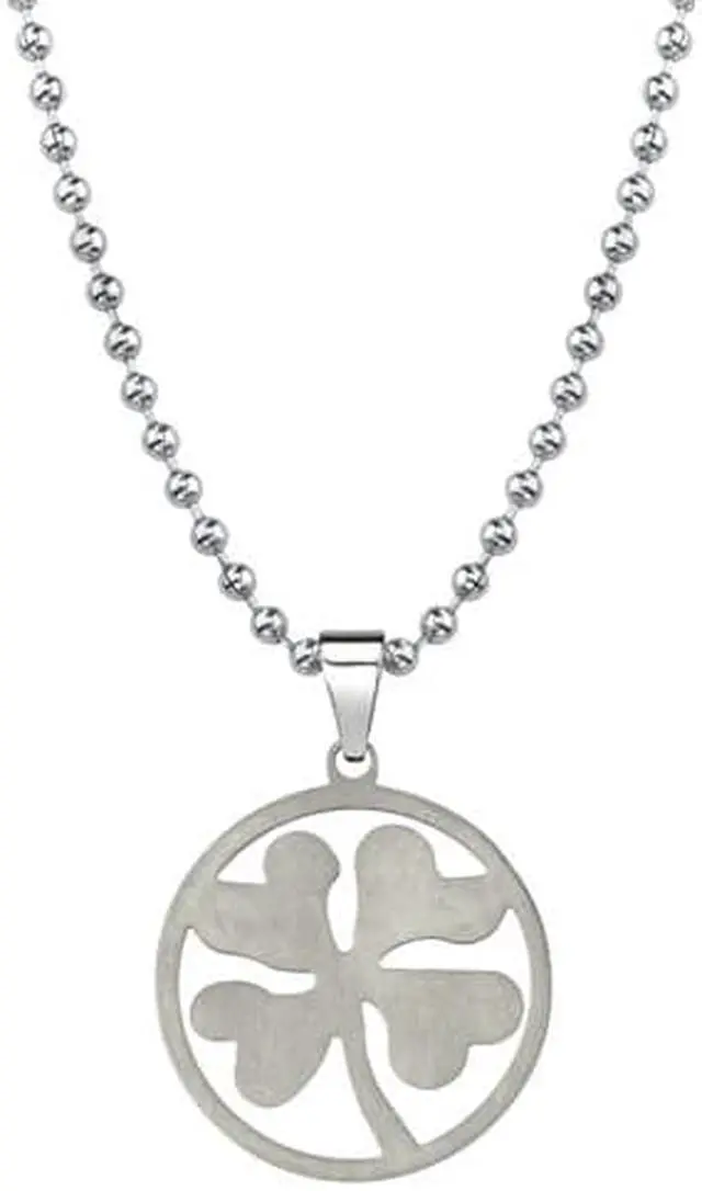 Alt view image 2 of 3 - Style with Little Luck: Designer Inspired Titanium Brushed Finish Four-leaf Clover Pendant on a Stainless Steel Ball Chain