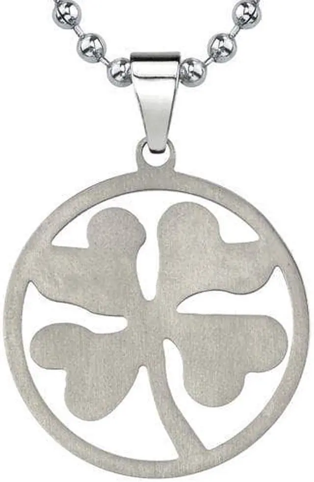 Main image of Style with Little Luck: Designer Inspired Titanium Brushed Finish Four-leaf Clover Pendant on a Stainless Steel Ball Chain