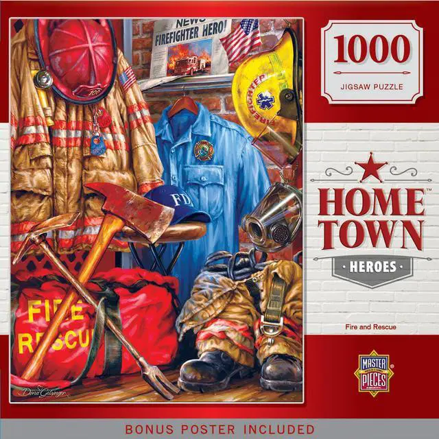 Main image of MasterPieces Hometown Heroes Fire and Rescue - Uniforms and Gear 1000 Piece Jigsaw Puzzle by Dona Gelsinger