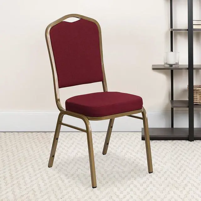 Alt view image 7 of 20 - HERCULES Series Crown Back Stacking Banquet Chair in Burgundy Fabric - Gold Frame