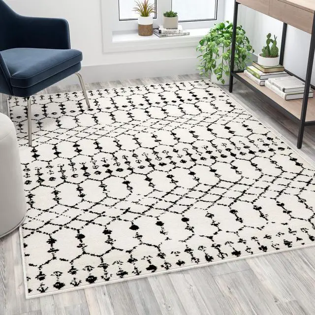 Alt view image 17 of 17 - Geometric Bohemian Low Pile Rug - 5' x 7' - Ivory/Black