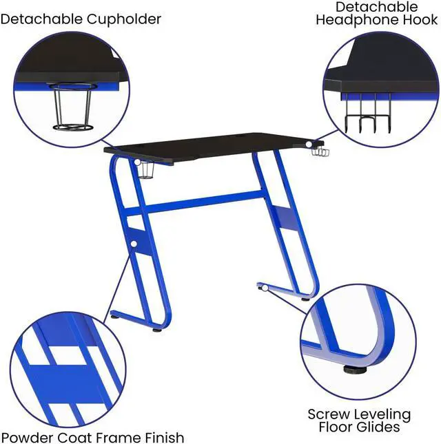 Alt view image 17 of 20 - Blue Gaming Ergonomic Desk with Cup Holder and Headphone Hook
