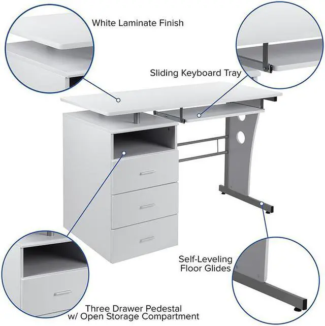 Alt view image 13 of 20 - White Desk with Three Drawer Pedestal and Pull-Out Keyboard Tray