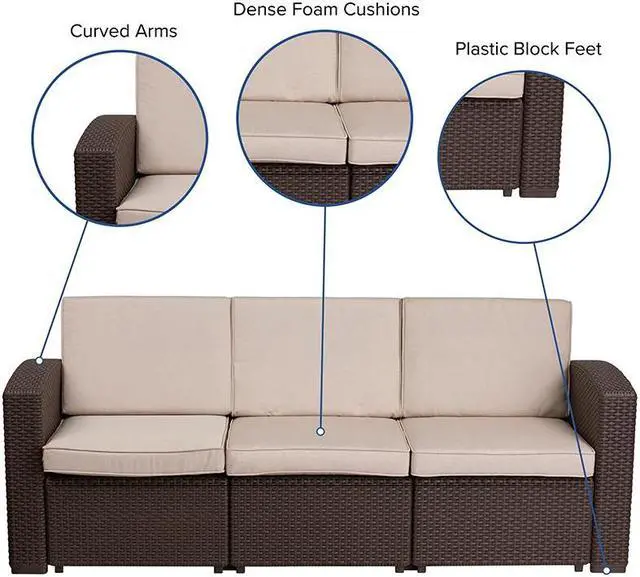 Alt view image 15 of 20 - Chocolate Brown Faux Rattan Sofa with All-Weather Beige Cushions