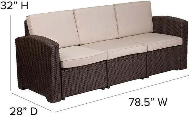 Alt view image 16 of 20 - Chocolate Brown Faux Rattan Sofa with All-Weather Beige Cushions