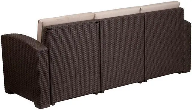 Alt view image 17 of 20 - Chocolate Brown Faux Rattan Sofa with All-Weather Beige Cushions