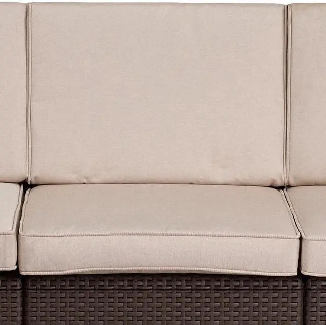 Alt view image 18 of 20 - Chocolate Brown Faux Rattan Sofa with All-Weather Beige Cushions