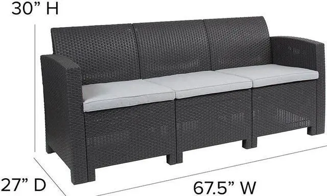 Alt view image 8 of 20 - Dark Gray Faux Rattan Sofa with All-Weather Light Gray Cushions