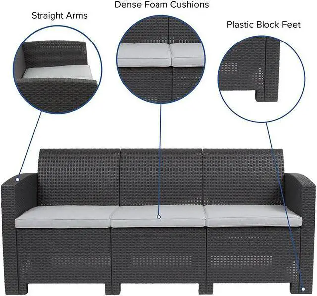Alt view image 7 of 20 - Dark Gray Faux Rattan Sofa with All-Weather Light Gray Cushions