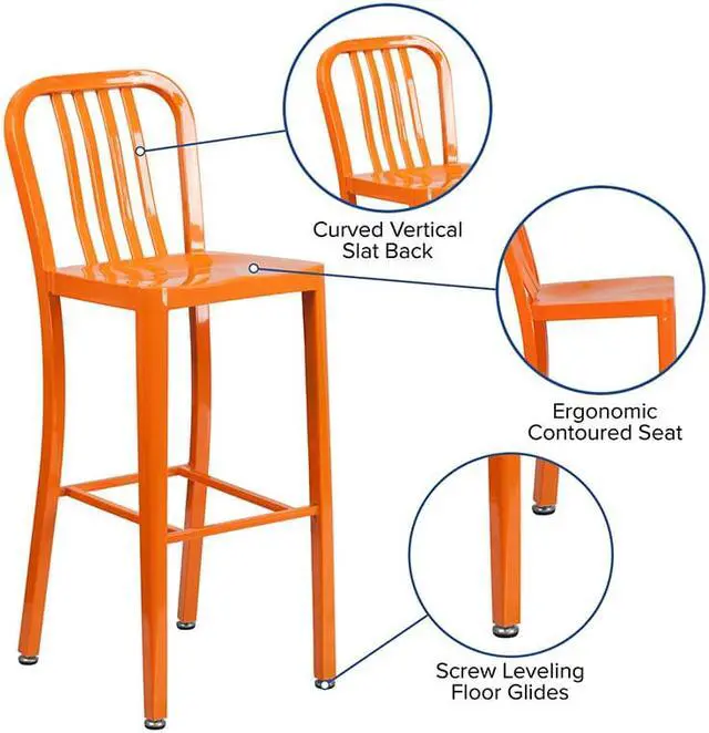 Alt view image 4 of 20 - Commercial Grade 30" High Orange Metal Indoor-Outdoor Barstool with Vertical Slat Back