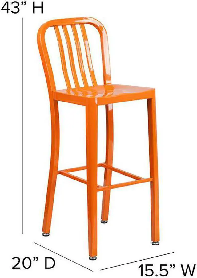 Alt view image 5 of 20 - Commercial Grade 30" High Orange Metal Indoor-Outdoor Barstool with Vertical Slat Back