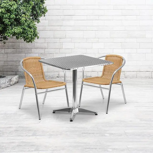 Alt view image 5 of 19 - 27.5'' Square Aluminum Indoor-Outdoor Table Set with 2 Beige Rattan Chairs