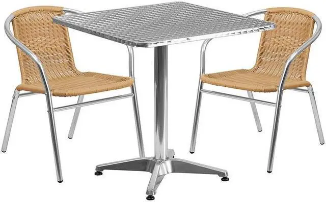 Alt view image 6 of 19 - 27.5'' Square Aluminum Indoor-Outdoor Table Set with 2 Beige Rattan Chairs