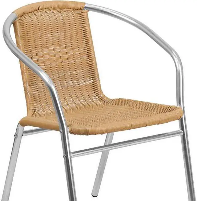 Alt view image 12 of 20 - Commercial Aluminum and Beige Rattan Indoor-Outdoor Restaurant Stack Chair