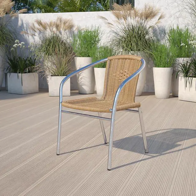 Alt view image 11 of 20 - Commercial Aluminum and Beige Rattan Indoor-Outdoor Restaurant Stack Chair
