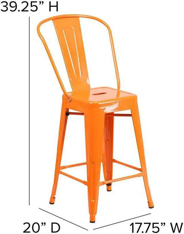 Alt view image 10 of 19 - Commercial Grade 24" High Orange Metal Indoor-Outdoor Counter Height Stool with Removable Back