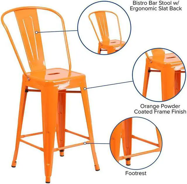 Alt view image 9 of 19 - Commercial Grade 24" High Orange Metal Indoor-Outdoor Counter Height Stool with Removable Back