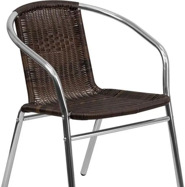 Alt view image 10 of 20 - Commercial Aluminum and Dark Brown Rattan Indoor-Outdoor Restaurant Stack Chair