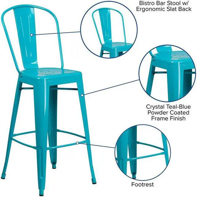 Alt view image 14 of 20 - Commercial Grade 30" High Crystal Teal-Blue Metal Indoor-Outdoor Barstool with Back