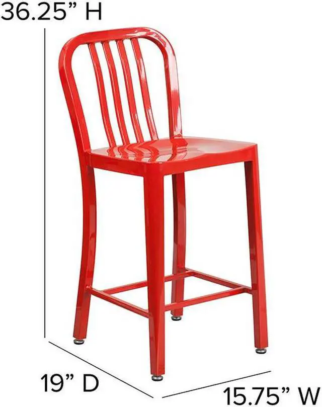 Alt view image 14 of 20 - Commercial Grade 24" High Red Metal Indoor-Outdoor Counter Height Stool with Vertical Slat Back