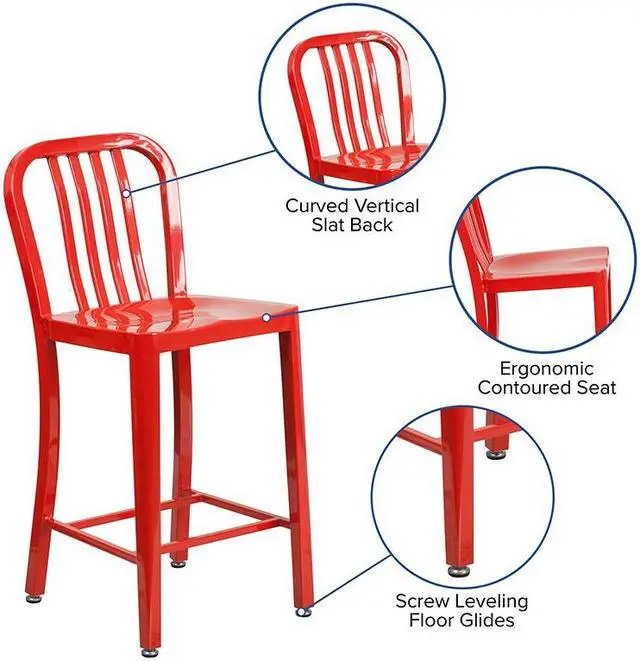 Alt view image 13 of 20 - Commercial Grade 24" High Red Metal Indoor-Outdoor Counter Height Stool with Vertical Slat Back