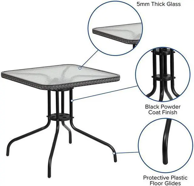 Alt view image 9 of 20 - 28'' Square Tempered Glass Metal Table with Gray Rattan Edging