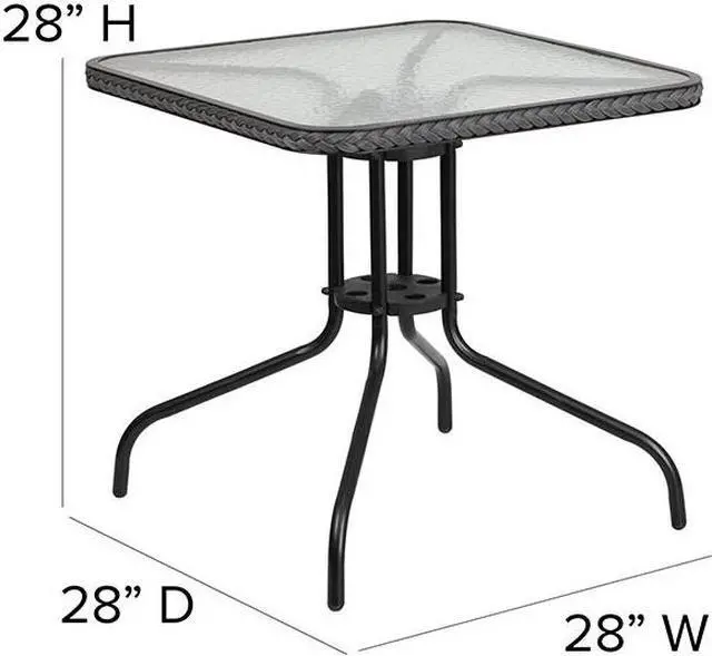 Alt view image 10 of 20 - 28'' Square Tempered Glass Metal Table with Gray Rattan Edging