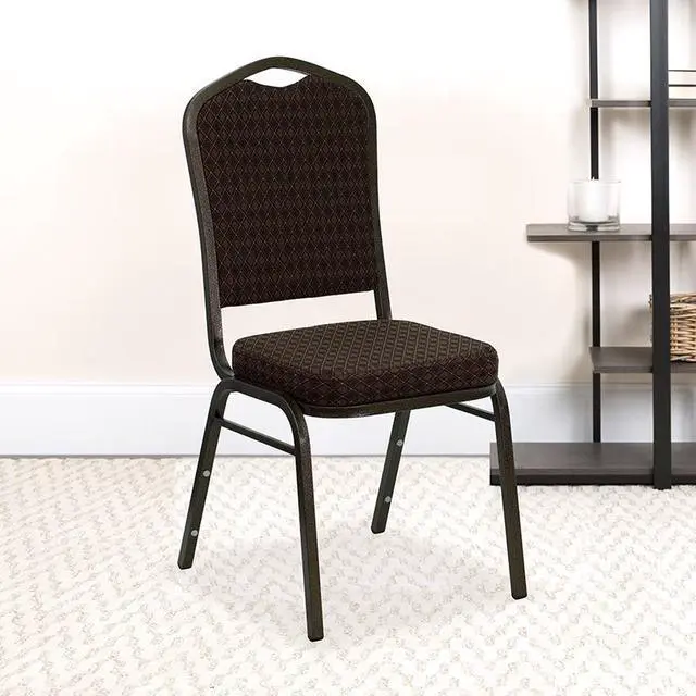 Alt view image 19 of 20 - HERCULES Series Crown Back Stacking Banquet Chair in Brown Patterned Fabric - Gold Vein Frame