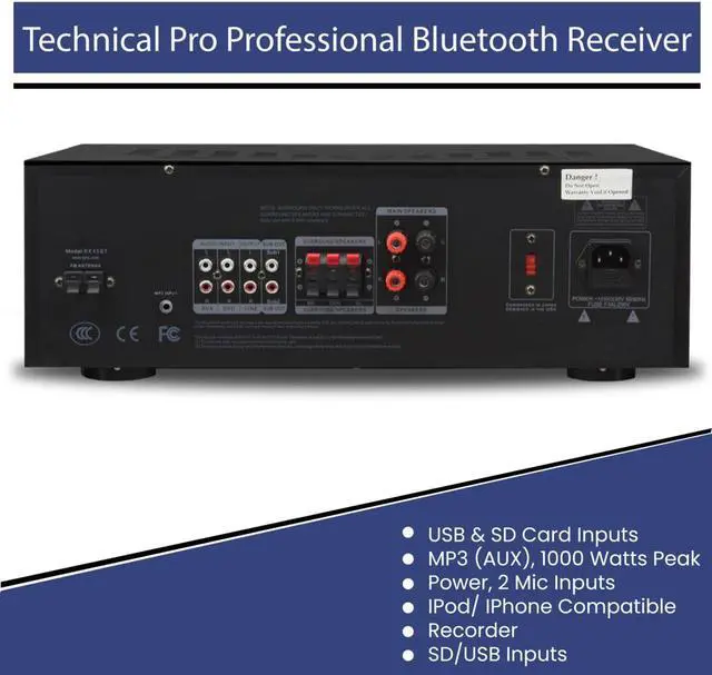 Alt view image 11 of 11 - Technical Pro 1000 Watts Professional Bluetooth Receiver with USB & SD Card Inputs, 2 Mic Inputs, Recorder, SD/USB Inputs, Wireless Remote