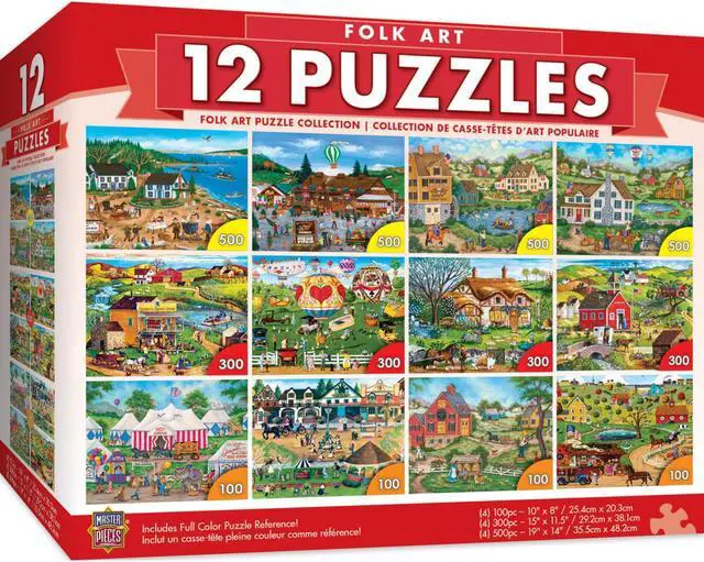 Alt view image 3 of 9 - masterpieces folk art collection bundle, jigsaw puzzle, old world scenes & culture, 12pack, 100, 300, 500 pieces, assorted