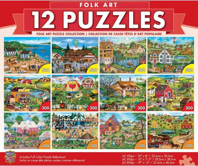 Alt view image 4 of 9 - masterpieces folk art collection bundle, jigsaw puzzle, old world scenes & culture, 12pack, 100, 300, 500 pieces, assorted