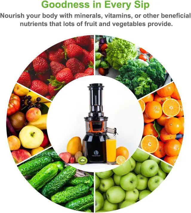 Alt view image 2 of 7 - Ventray Big Feeding Mouth,Large Chute,Masticating Juicer,BPA Free,Juice Extractor,Vertical High Juice Yield, Recipe,Brush,Juice Jars,Black
