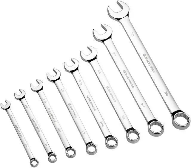 Main image of MAXPOWER 8-piece SAE Combination Wrench Set - Pro Grade Drop Forged Chrome Vanadium Spanners with Rollup Pouch