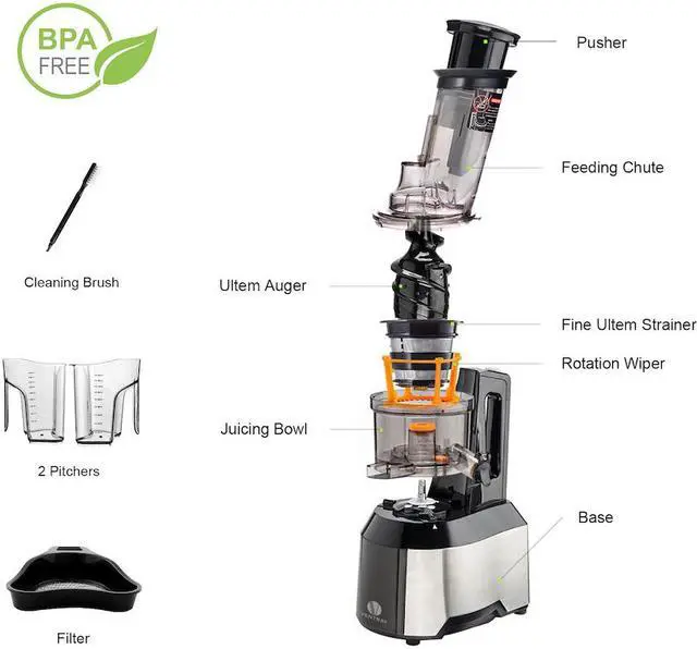Alt view image 6 of 7 - Ventray Big Feeding Mouth,Large Chute,Masticating Juicer,BPA Free,Juice Extractor,Vertical High Juice Yield, Recipe,Brush,Juice Jars,Black
