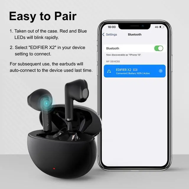 Alt view image 5 of 8 - Edifier X2 True Wireless Earbuds, Bluetooth Earphones, black