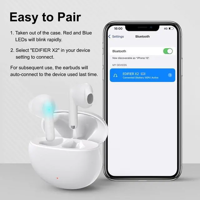 Alt view image 5 of 8 - Edifier X2 True Wireless Earbuds, Bluetooth Earphones, white