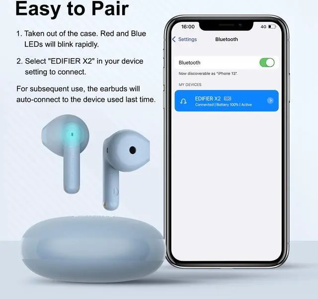 Alt view image 6 of 7 - Edifier X2 True Wireless Earbuds, Bluetooth Earphones, blue