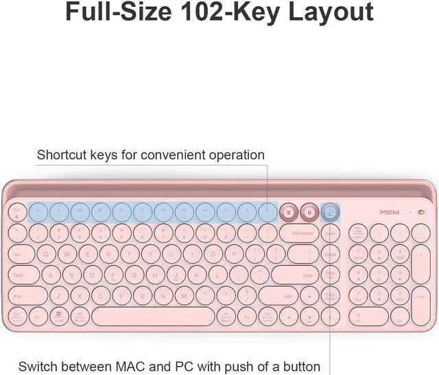 Alt view image 5 of 7 - MIIIW XIAOMI K02 Dual-Mode Wireless Bluetooth Keyboard, Sakura Pink