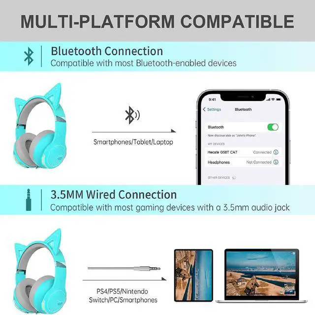 Alt view image 2 of 7 - Edifier G5BT CAT Wireless Bluetooth Wired Cat Ear Gaming Headset with Mic (Turquoise)