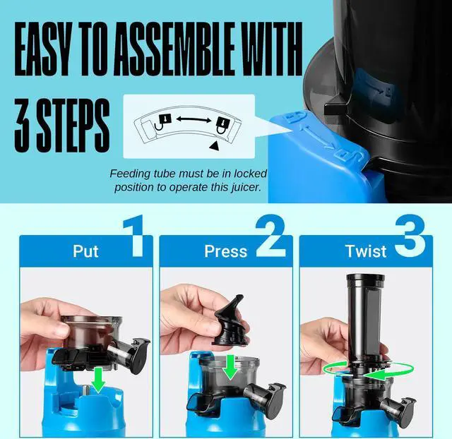 Alt view image 4 of 7 - Ventray Essential Ginnie Juicer, Compact Small Cold Press Juicer, Masticating Slow Juicer with 60RPM Low Speed, Easy to Clean & Nutrient Dense, Eco-Friendly Packaging, Sunny Blue