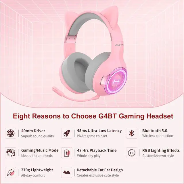 Alt view image 2 of 7 - Edifier G4BT Wireless Gaming Headset for PS5, PS4, PC Mac, Nintendo Switch, 48H Playtime Ultra-Low Latency Bluetooth Gaming Headphones for Phone, Bluetooth 5.0 Over-Ear Headphone - Pink