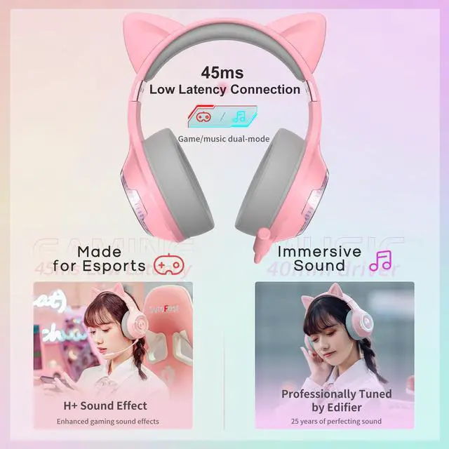 Alt view image 5 of 7 - Edifier G4BT Wireless Gaming Headset for PS5, PS4, PC Mac, Nintendo Switch, 48H Playtime Ultra-Low Latency Bluetooth Gaming Headphones for Phone, Bluetooth 5.0 Over-Ear Headphone - Pink