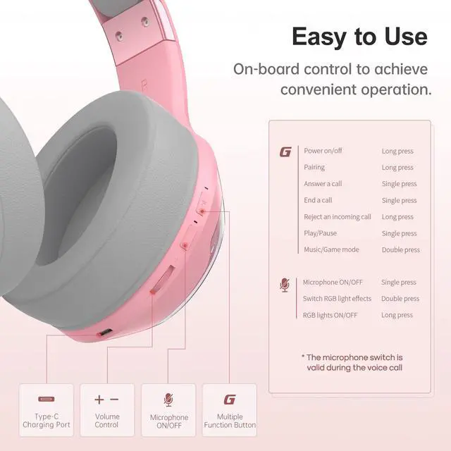 Alt view image 7 of 7 - Edifier G4BT Wireless Gaming Headset for PS5, PS4, PC Mac, Nintendo Switch, 48H Playtime Ultra-Low Latency Bluetooth Gaming Headphones for Phone, Bluetooth 5.0 Over-Ear Headphone - Pink